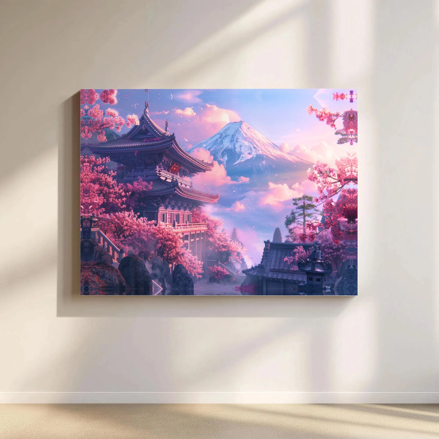 Japanese Temple Canvas Wall Art | Mount Fuji Sakura Cherry Blossom Print | Premium 1.25 Inch Gallery Wrap | Zen Home Decor Gift
