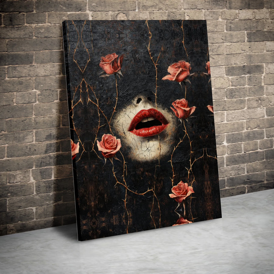 Surreal Lips Canvas Wall Art | Dark Gothic Rose Aesthetic Decor | Premium Gallery-Wrapped Print | Moody Home Decor for Living Room