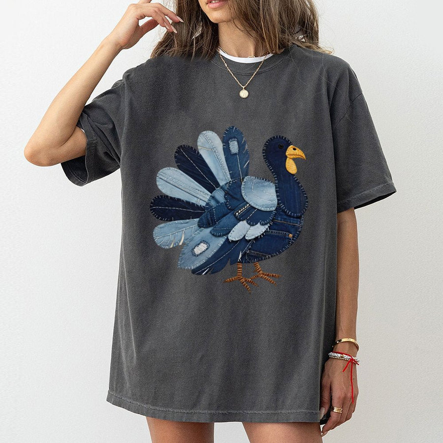 Patchwork Denim Turkey T-Shirt | Rustic Farmhouse Fall Graphic Tee | 100% Soft Cotton Premium Quality | Thanksgiving Gift For Her And Him