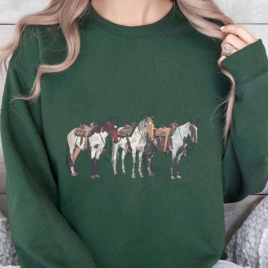 Horse Trio Sweatshirt | Western Saddle Horses Graphic | Premium Cotton Blend | Gift for Cowgirl and Ranch Life Enthusiast