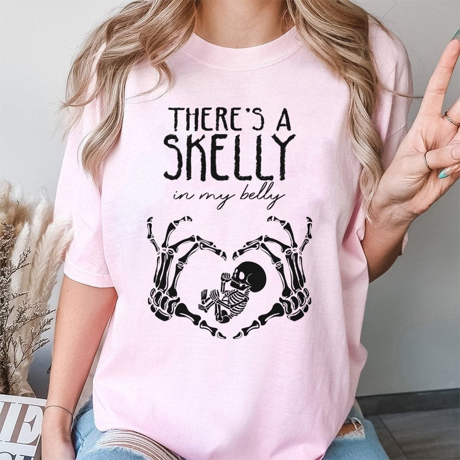 There's A Skelly In My Belly T-Shirt | Funny Halloween Maternity Shirt | Soft 100% Cotton Premium Tee | Cute Pregnant Mom Gift Idea