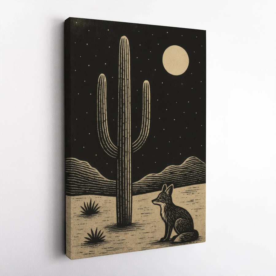 Saguaro Cactus Night Vertical Canvas | Minimalist Fox and Moon Block Print Art | Premium 1.25" Thick Gallery Wrap | Southwestern Desert Decor Gift