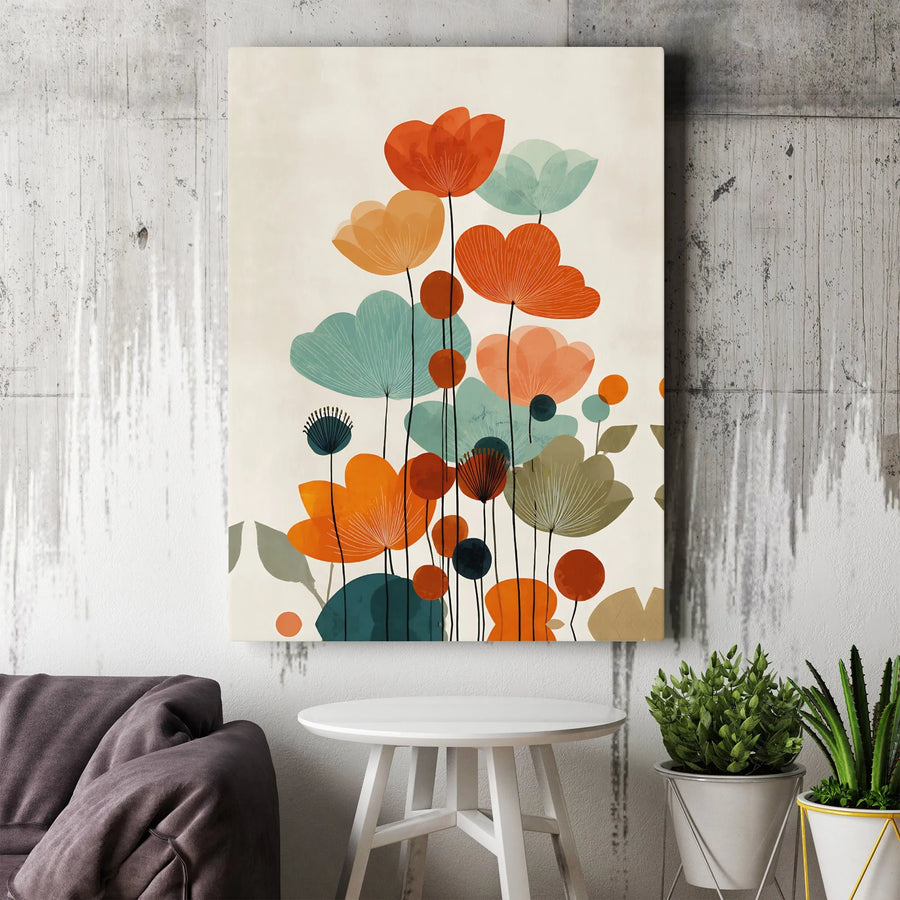 Abstract Floral Canvas Wall Art | Mid-Century Modern Flower Illustration | Premium Gallery Wrapped Print | Living Room Decor Gift