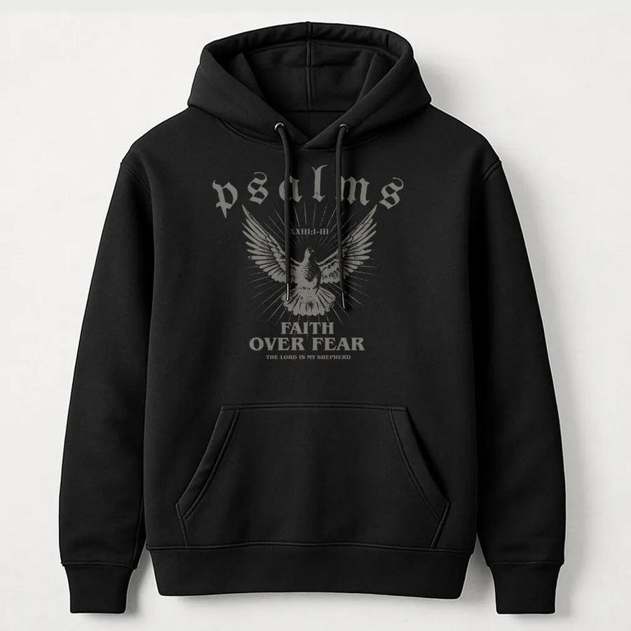 Faith Over Fear Hoodie | Psalm 23 Religious Dove Graphic | Premium Cotton Blend Unisex Sweatshirt | Inspirational Christian Gift for Men and Women