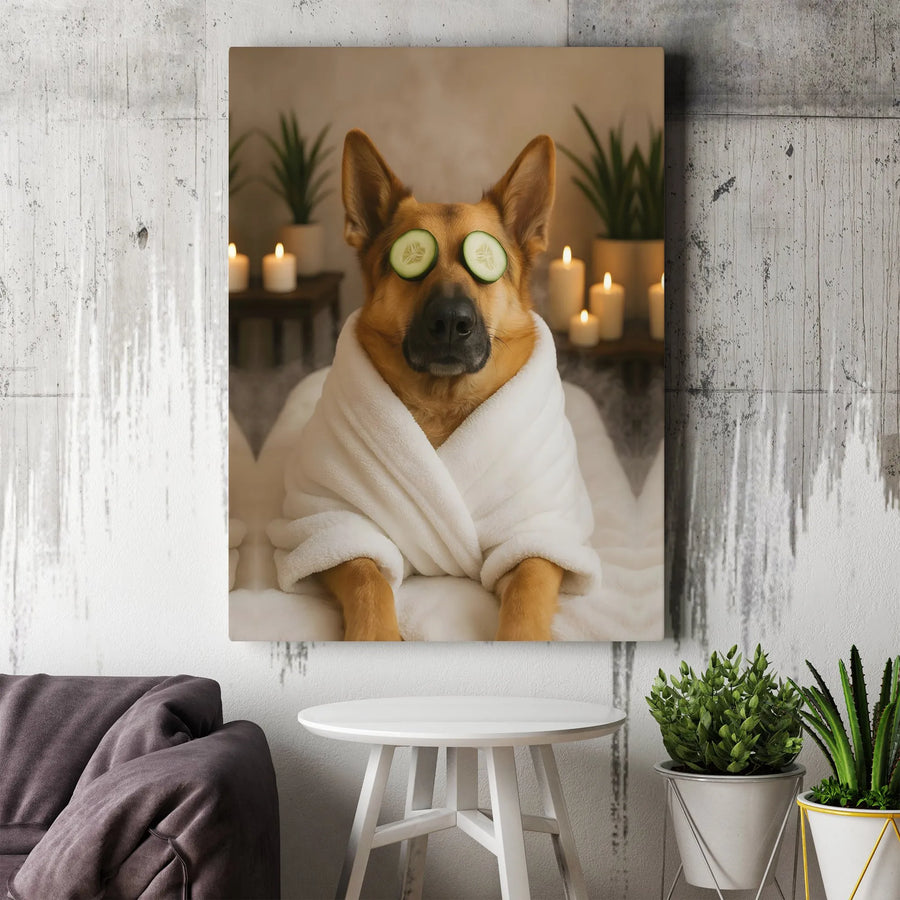 German Shepherd Spa Wall Art | Funny Dog in Bathrobe Cucumber Print | Premium Gallery Wrapped Canvas | Perfect Gift for Dog Lovers & Home Decor