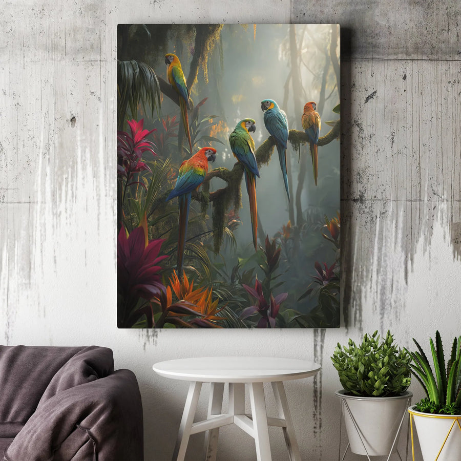 Rainforest Parrots Canvas Wall Art | Vibrant Tropical Jungle Scene with Macaw Birds | Premium Frameless Canvas | Nature Lover Gift for Living Room Decor