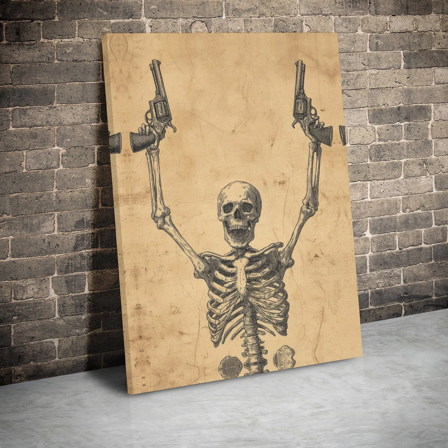 Skeleton With Revolvers Wall Art | Western Gothic Skull Illustration | 1.25 Inch Gallery Wrap Canvas | Premium Edgy Home Decor Gift