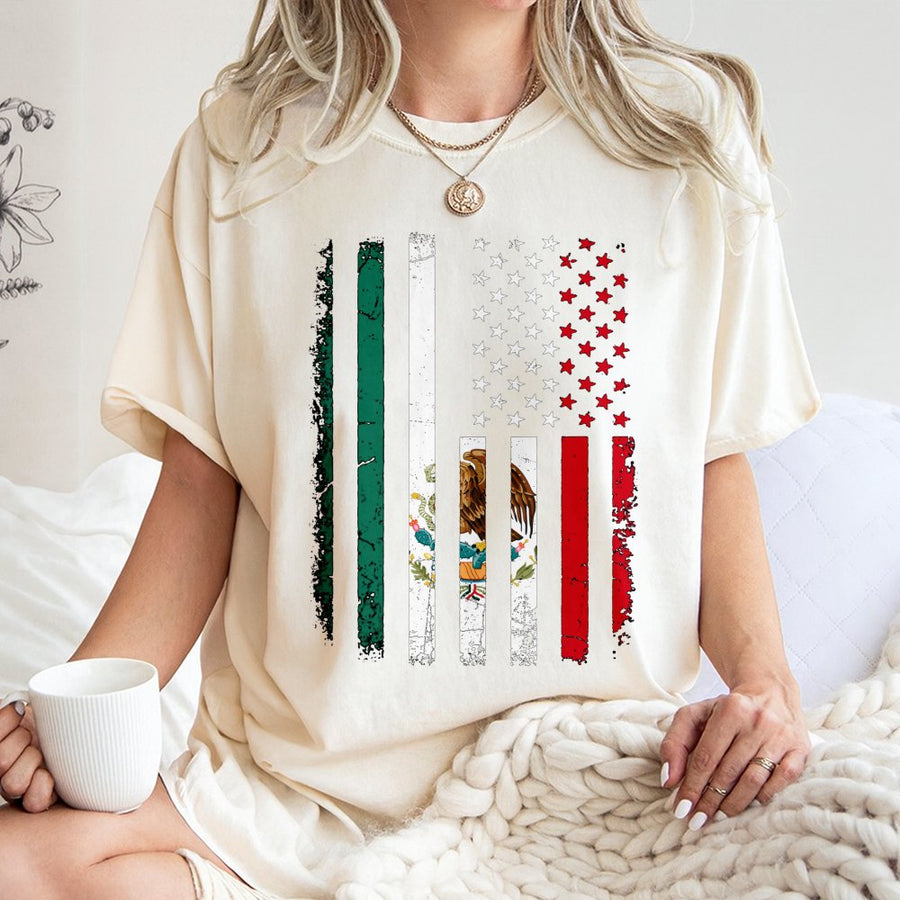 Mexican American Flag T-Shirt | Distressed Dual Heritage Graphic Print | Premium 100% Cotton Tee | Gift for Latino Pride and Heritage Month
