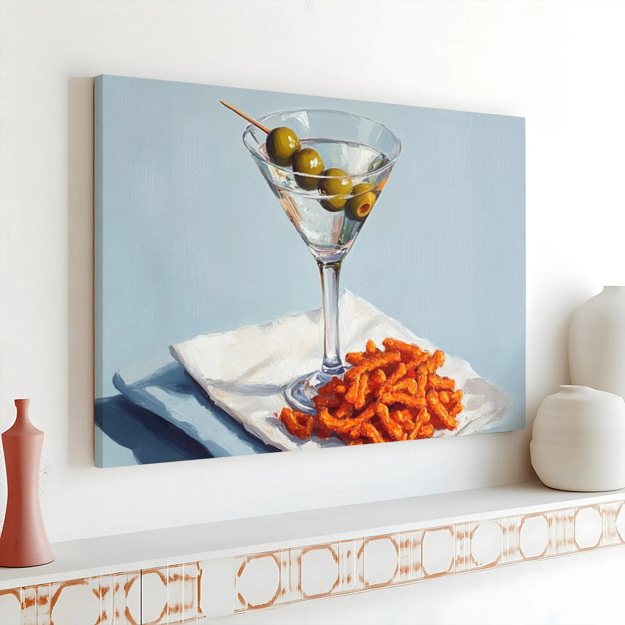 Martini and Snacks Still Life Canvas Art | Contemporary Cocktail Bar Wall Decor | Premium Stretched Gallery Wrap | Unique Gift for Foodie or Mixologist