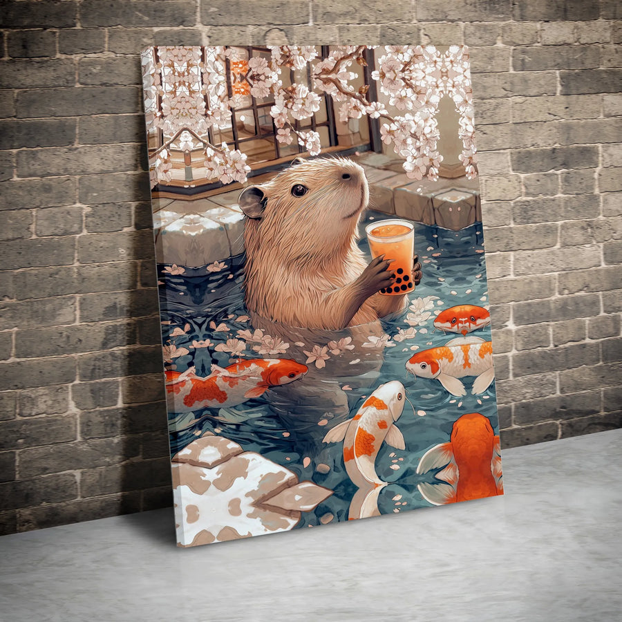 Capybara Wall Art Canvas | Koi Fish & Cherry Blossom Aesthetic | Premium Fade-Resistant Print | Cute Animal Decor Gift for Home or Office