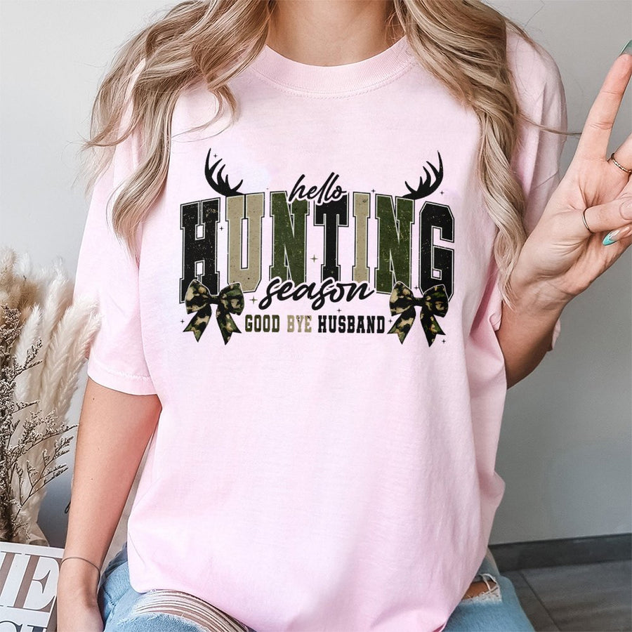 Hello Hunting Season Goodbye Husband T-Shirt | Camo Coquette Bow Graphic | Premium 100% Cotton Tee | Funny Gift for Women Who Hunt