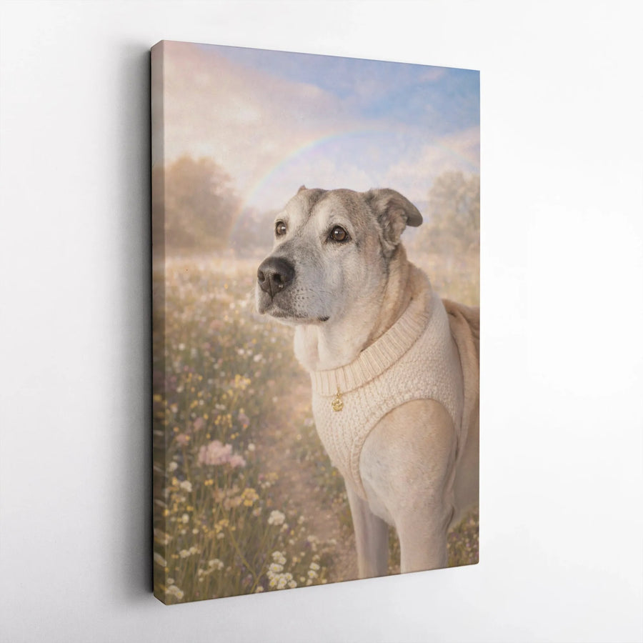 Rainbow Bridge Dog Memorial Canvas | Serene Pet Portrait in Wildflower Field | Premium Gallery Wrapped Canvas | Thoughtful Sympathy Gift for Pet Loss