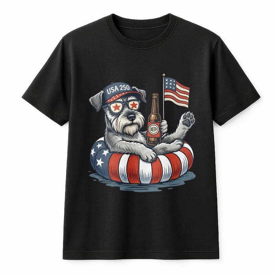 USA 250 Schnauzer T-Shirt | Funny Patriotic Dog with Flag & Beer | Soft Cotton Blend Crewneck | Independence Day Gift for Dog Lover
