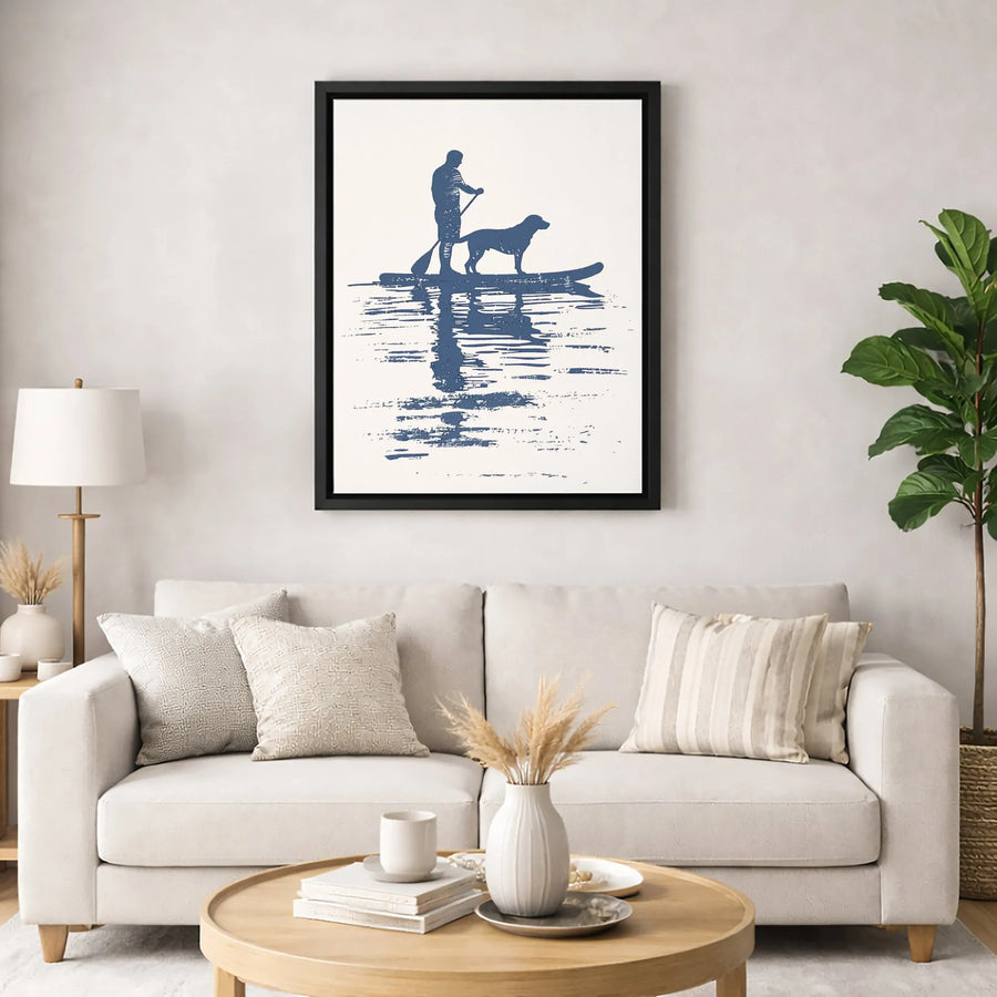 Stand Up Paddleboard Wall Art | Man And Dog Silhouette Graphic | Premium Gallery Wrapped Canvas | Lake House Decor Gift For Dog Lovers