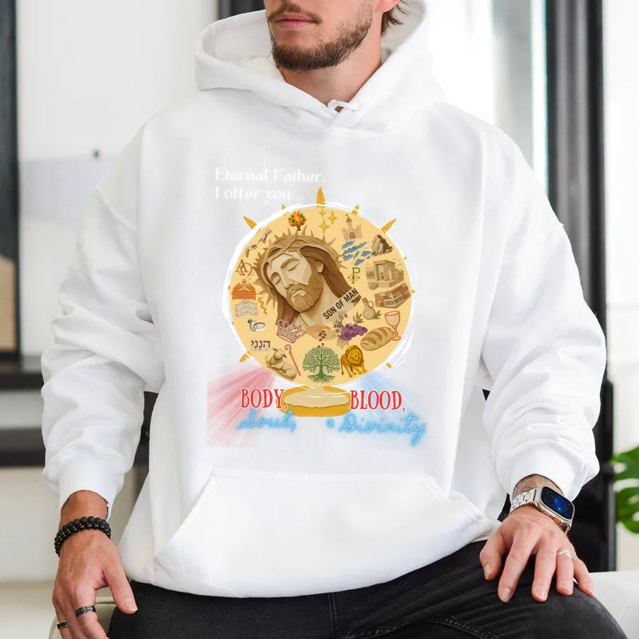 Divine Mercy Hoodie | Body Blood Soul Divinity Graphic | Premium Cotton Blend | Catholic Christian Religious Gift