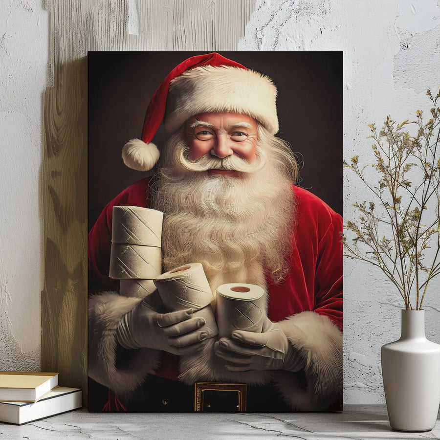 Funny Santa Holding Toilet Paper Canvas Print | Humorous Holiday Wall Decor | Premium Gallery Wrap Art | Quirky Christmas Gift for Bathroom