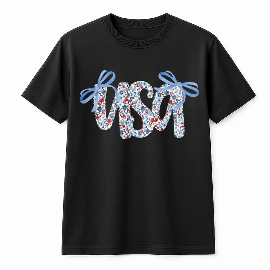 USA Floral Bow T-Shirt | Patriotic American Flag Graphic Tee | 100% Cotton Premium Quality | 4th of July Gift for Women & Men
