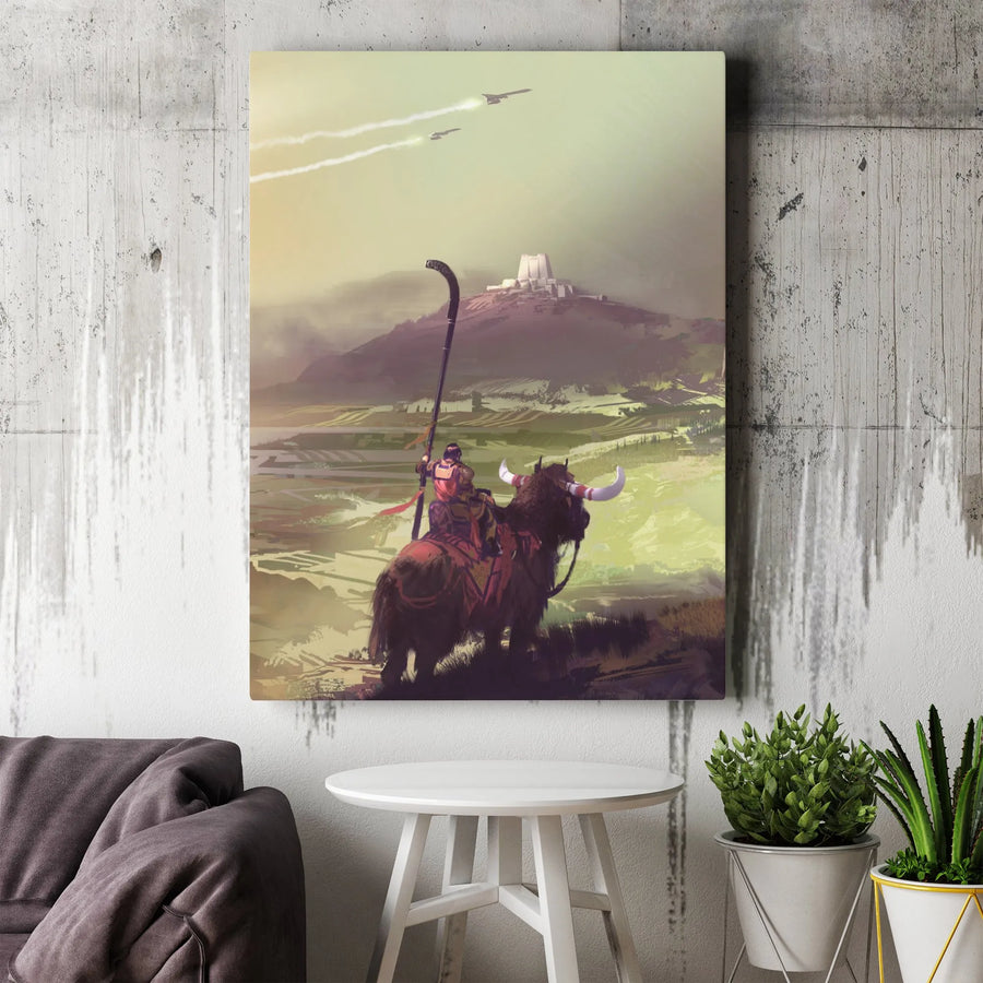 Fantasy Sci-Fi Wall Art | Warrior Riding Beast with Spaceship Landscape | Gallery-Grade Canvas Print | Gift for Gamers and Fantasy Enthusiasts