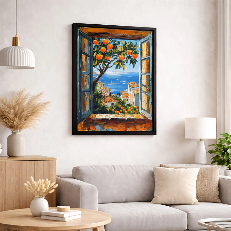 Mediterranean Window View Canvas | Orange Tree Seascape Painting | Fade-Resistant Gallery Quality Art | Coastal Home Decor Wall Print