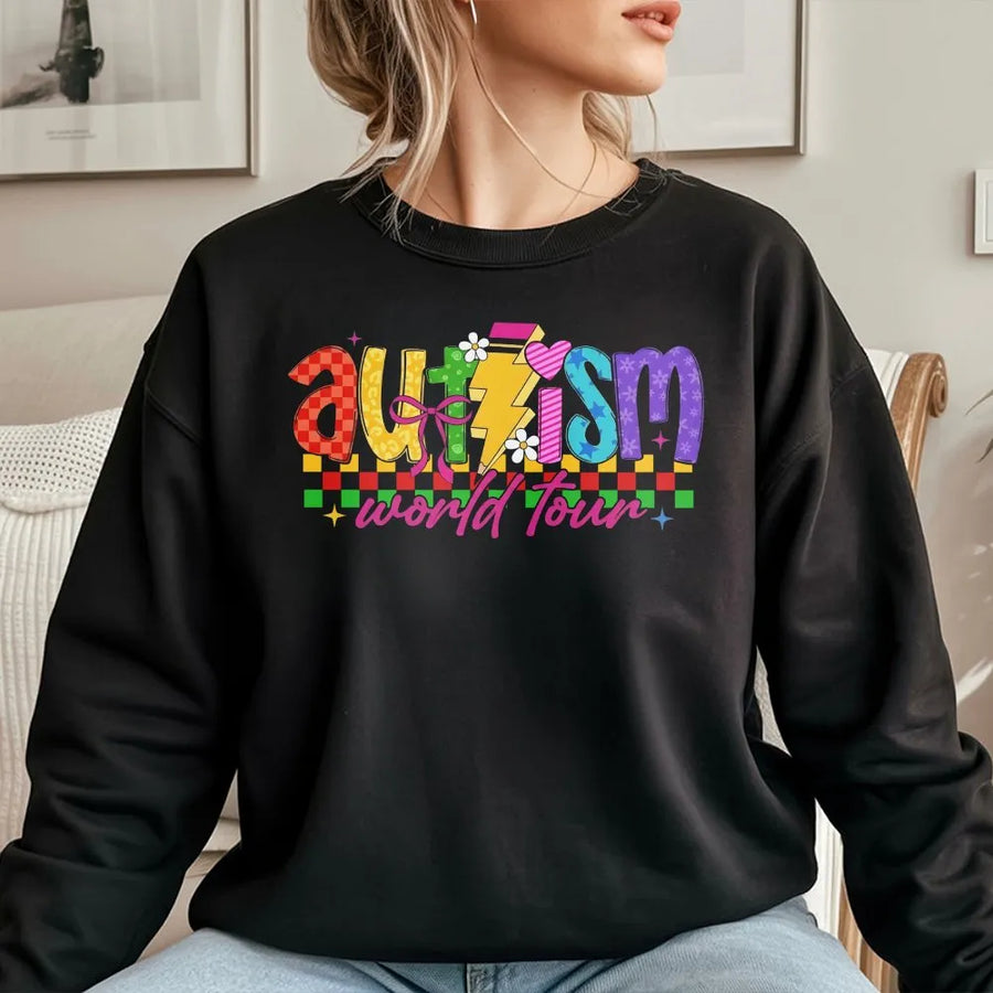 Autism Awareness Sweatshirt | Colorful Retro World Tour Graphic | Soft Cotton Blend Crewneck | Neurodiversity Acceptance Gift for Mom Teacher