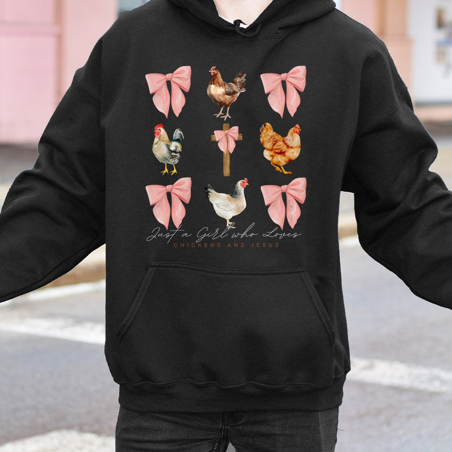 Chickens and Jesus Hoodie | Cute Farmhouse Chicken Graphic | Premium Cotton Blend Pullover | Faith Based Gift for Women and Chicken Lovers
