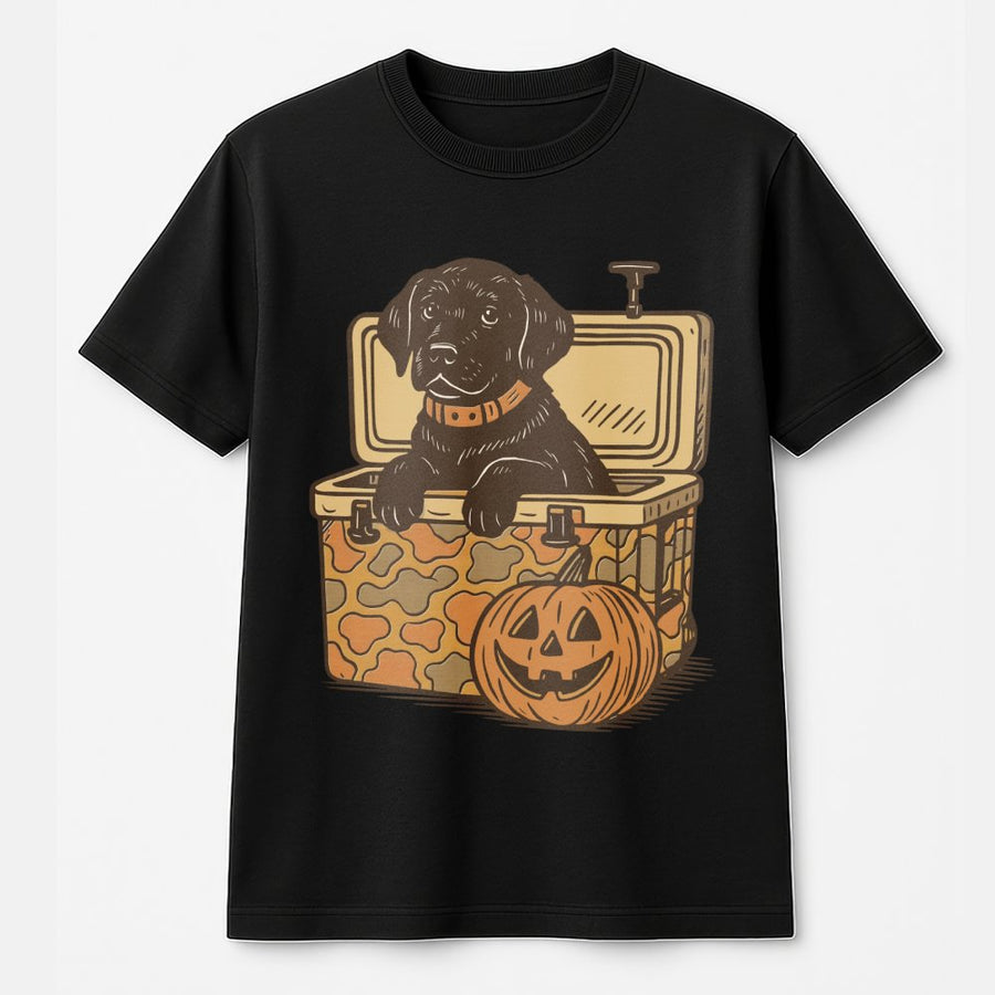 Black Lab Halloween T-Shirt | Cute Puppy in Camo Cooler Graphic | Premium 100% Cotton Tee | Spooky Fall Gift for Dog Lovers and Hunters