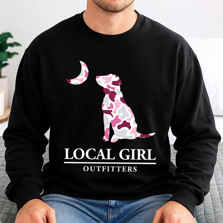 Dog Lover Sweatshirt | Pink Camo Moon Graphic Print | Soft Cotton Blend Unisex Pullover | Premium Gift for Dog Moms and Animal Lovers
