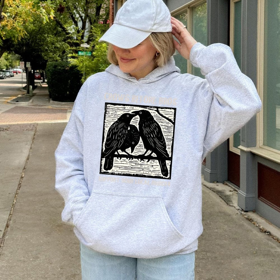 Crows Before Bros Hoodie | Support Your Local Murder Graphic Print | Premium Cotton-Poly Blend Sweatshirt | Gothic Aesthetic Gift For Bird Lovers