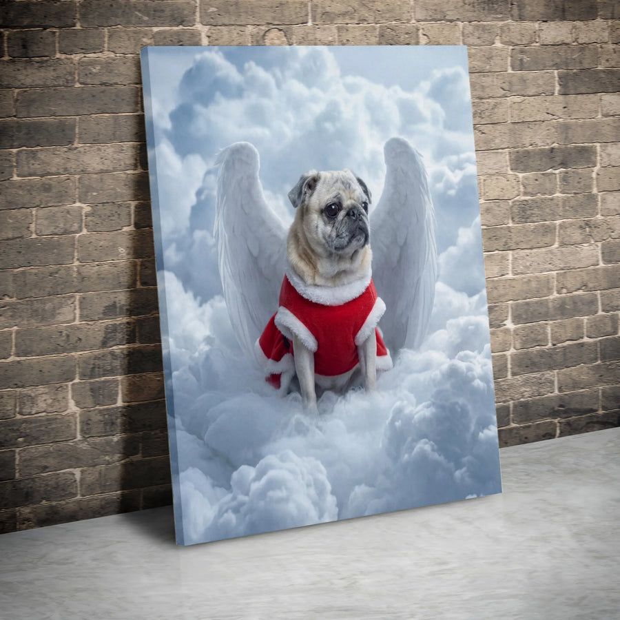 Angel Pug Christmas Canvas Wall Art | Heavenly Dog with Wings on Clouds Print | Premium Fade-Resistant Canvas | Unique Holiday Gift for Pug Lover