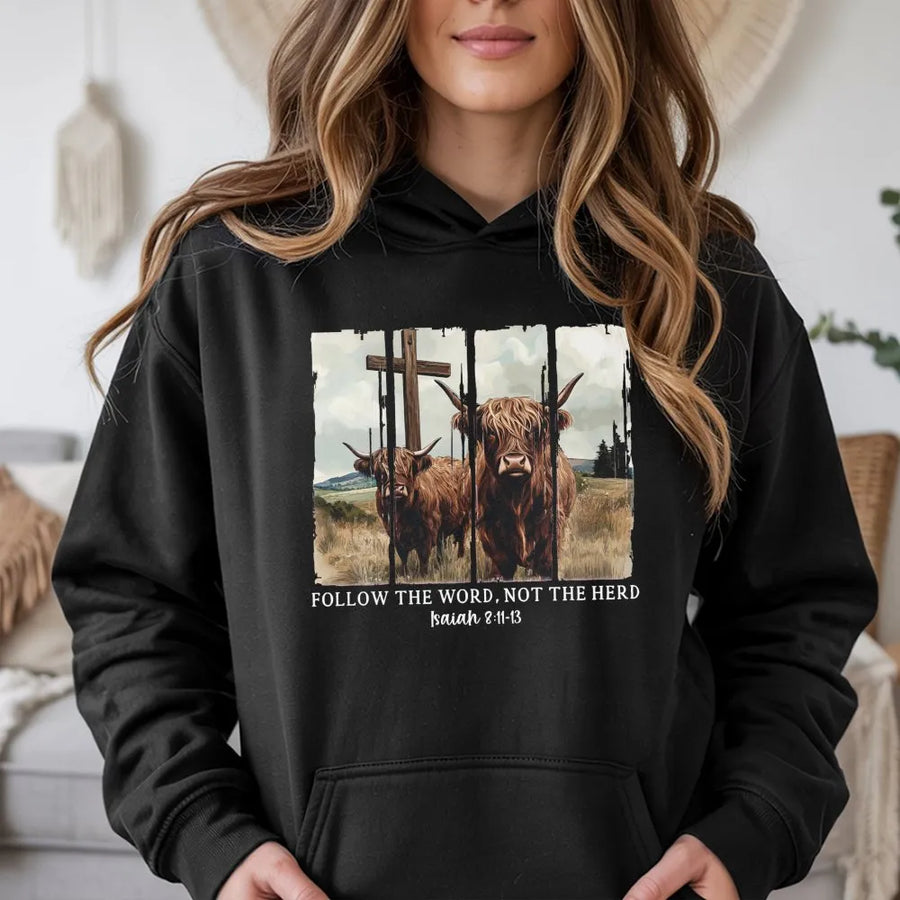 Highland Cow Christian Hoodie | Follow The Word Not The Herd Graphic | Premium Faith-Based Apparel | Gift For Believers & Farmers