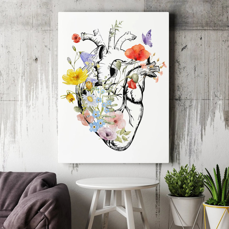 Anatomical Heart Canvas Art | Botanical Wildflower & Butterfly Sketch | Premium Fade-Resistant Gallery Wrap | Gift for Nurse or Doctor