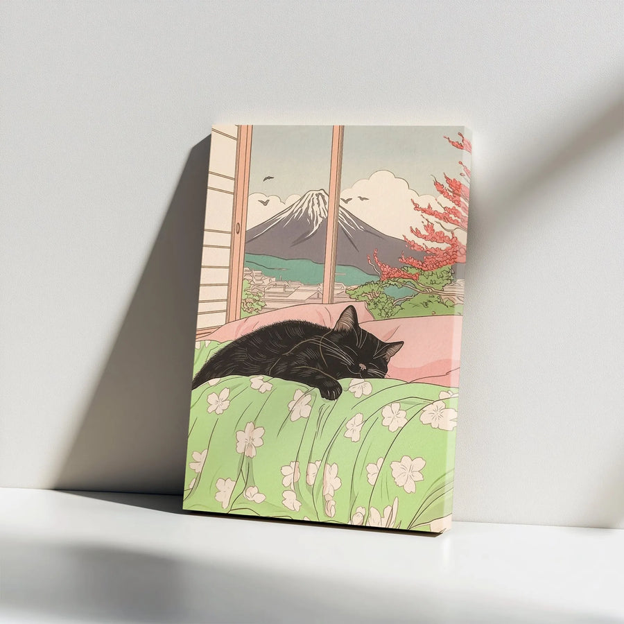Japanese Black Cat Wall Art | Mount Fuji Cherry Blossom View | Premium Gallery Wrap Canvas | Cozy Home Decor Gift for Cat Lovers