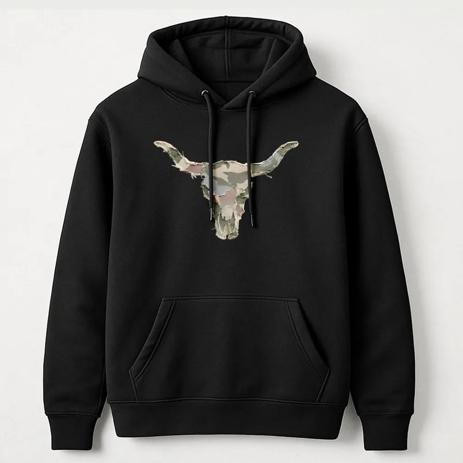 Western Longhorn Skull Hoodie | Camo Faux Patchwork Graphic | Premium Unisex Pullover | Rustic Country Style Gift