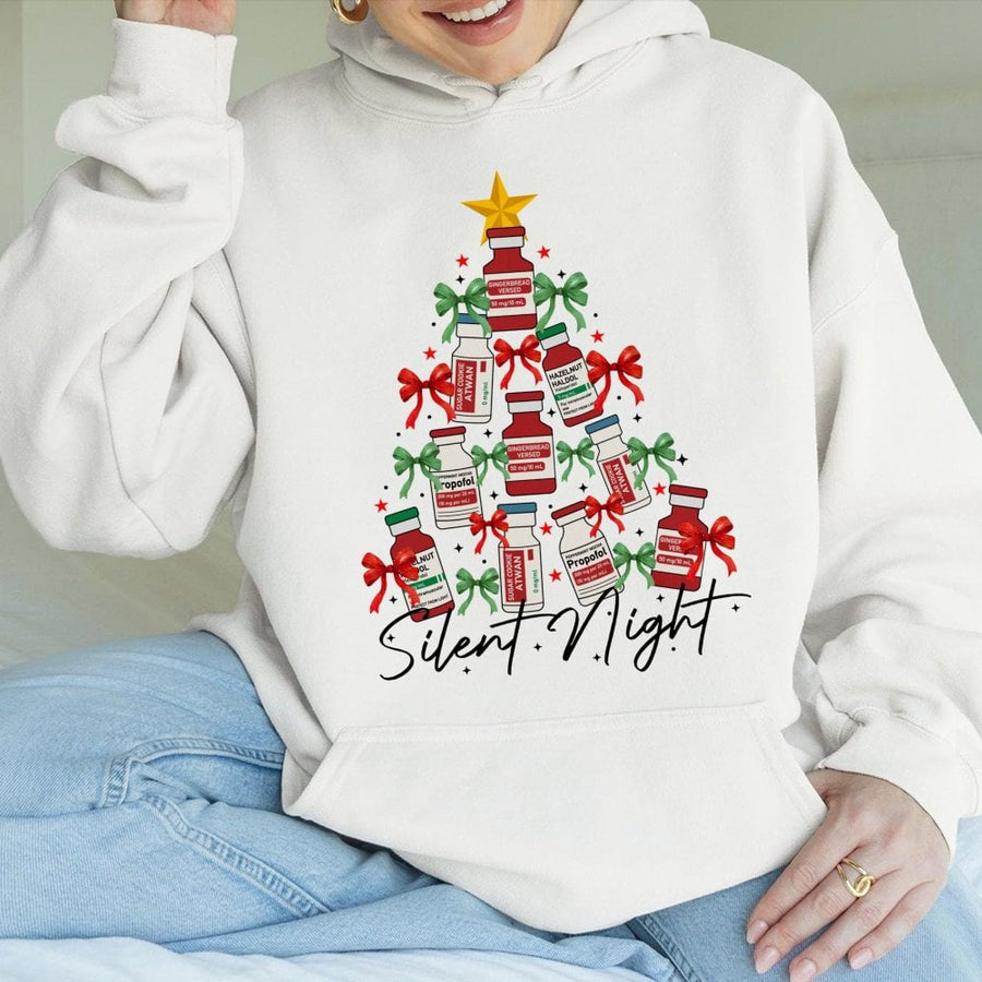 Medical Christmas Hoodie | ICU Nurse Gift Silent Night Xmas Tree Design | Premium Cotton Blend | Funny Hospital Healthcare Worker Apparel
