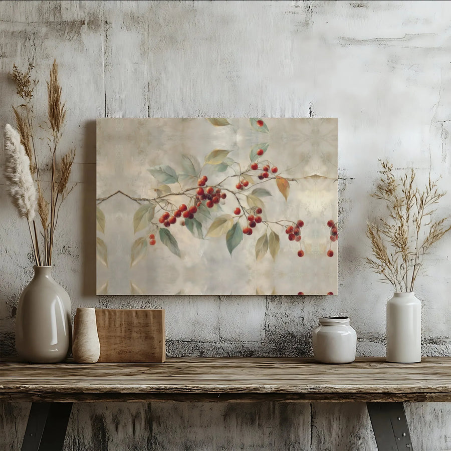 Red Berry Branch Canvas Wall Art | Botanical Nature Painting Print | Premium 1.25 Inch Gallery Wrap | Elegant Home Decor Gift