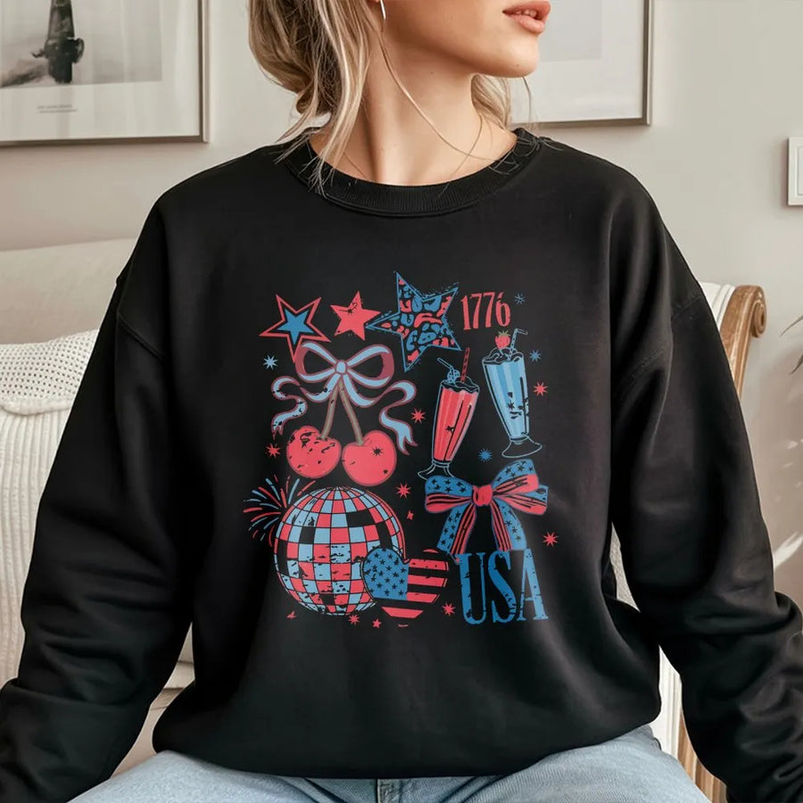 Retro 4th of July Sweatshirt | Coquette American Bow Graphic | Soft Unisex Crewneck | Independence Day Party Gift for Her