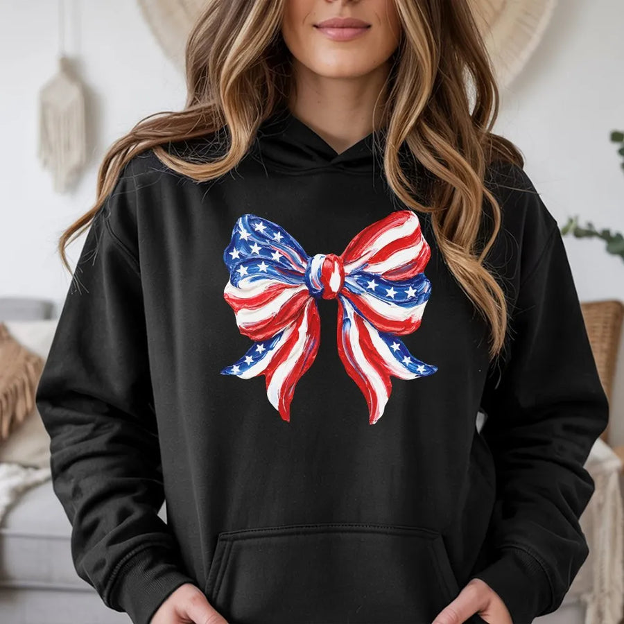 Patriotic Bow Hoodie | Coquette USA Flag Graphic | Soft Cotton Blend Crewneck | 4th of July Gift for Her