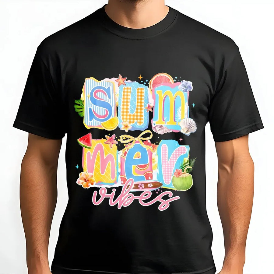 Summer Vibes T-Shirt | Retro Collage Beach Graphic | Soft Cotton Graphic Tee | Cute Vacation Gift for Women
