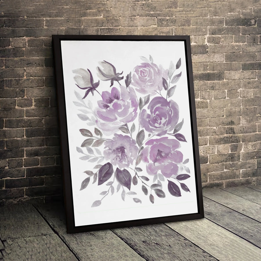 Watercolor Floral Wall Art | Purple and Grey Flower Bouquet Print | 1.25 Inch Gallery Canvas | Premium Home Decor for Bedroom or Living Room