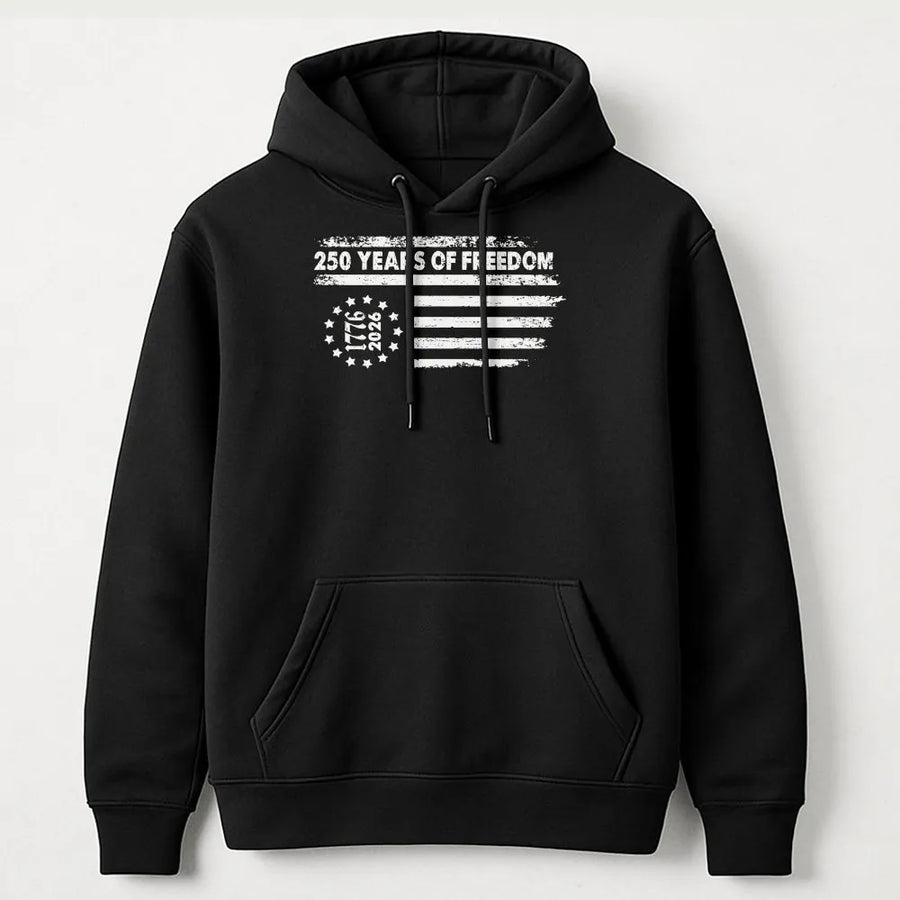 250 Years of Freedom Hoodie | Vintage American Flag 1776-2026 Design | Soft Cotton Blend Sweatshirt | Patriotic 4th of July Gift for Men and Women