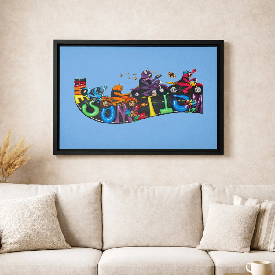 Monster Motorcycle Wall Art | Colorful Cartoon Biker Creatures Canvas | Premium Gallery-Wrapped Print | Whimsical Home Decor Gift
