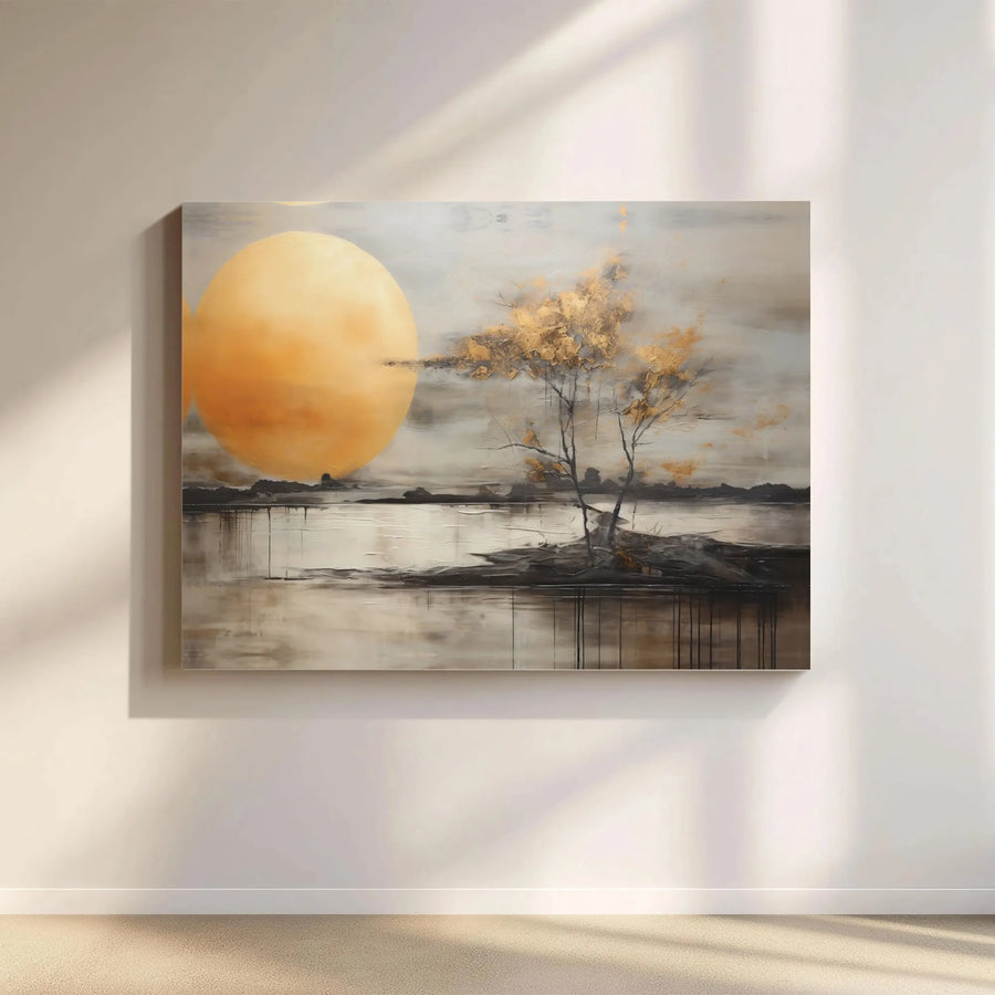 Abstract Gold Tree Wall Art | Golden Sun Landscape Canvas Print | 1.25 Inch Gallery Wrap | Modern Home Office Decor Gift