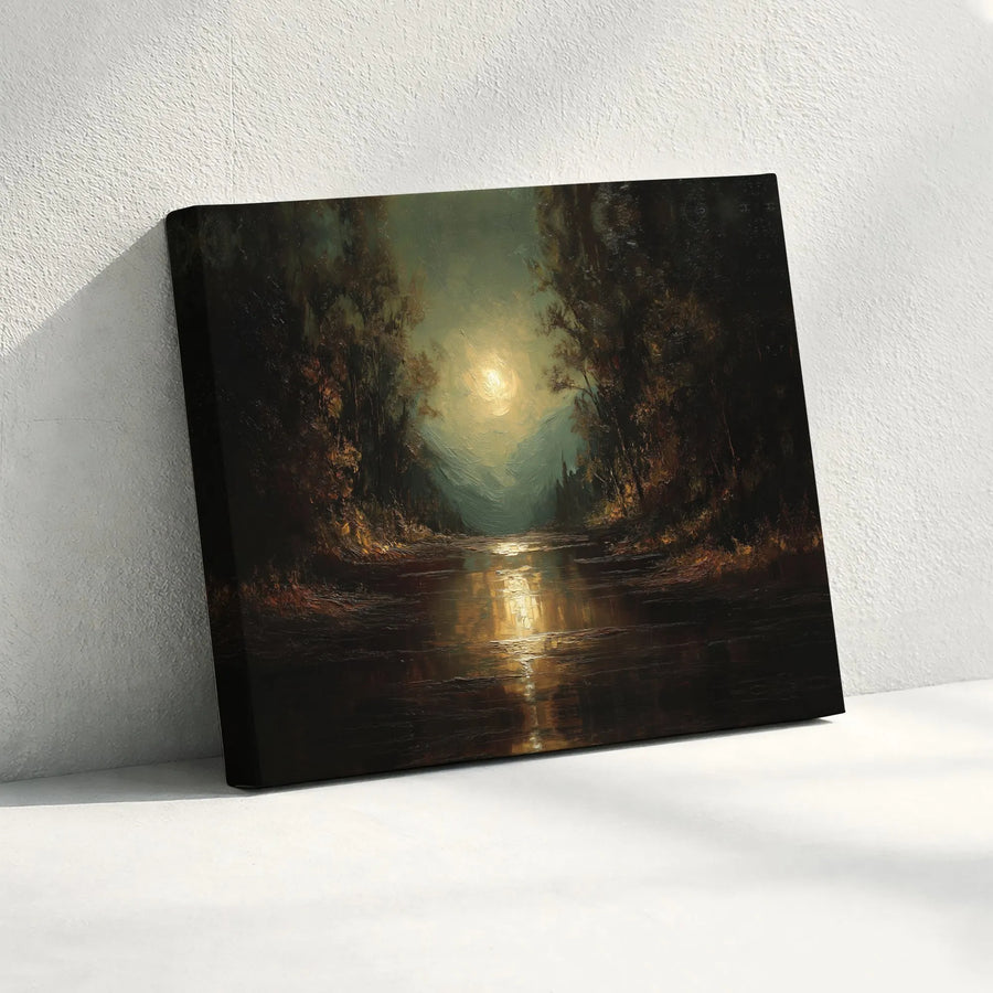 Moonlit Forest River Landscape Horizontal Canvas | Moody Dark Tonalist Oil Painting Style Art | 1.25 Inch Gallery Wrap Premium Wall Decor | Gothic Nature Lover Gift