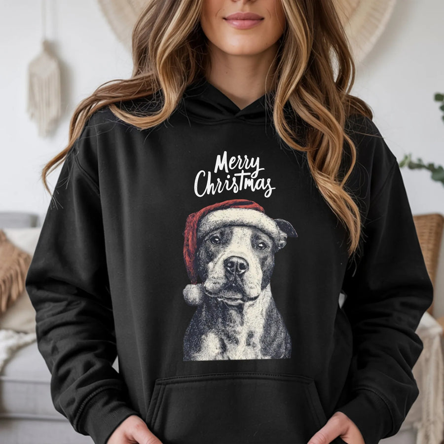 Pitbull Christmas Hoodie | Festive Santa Hat Dog Graphic | Premium Cotton Blend | Funny Holiday Sweatshirt Gift for Dog Lovers