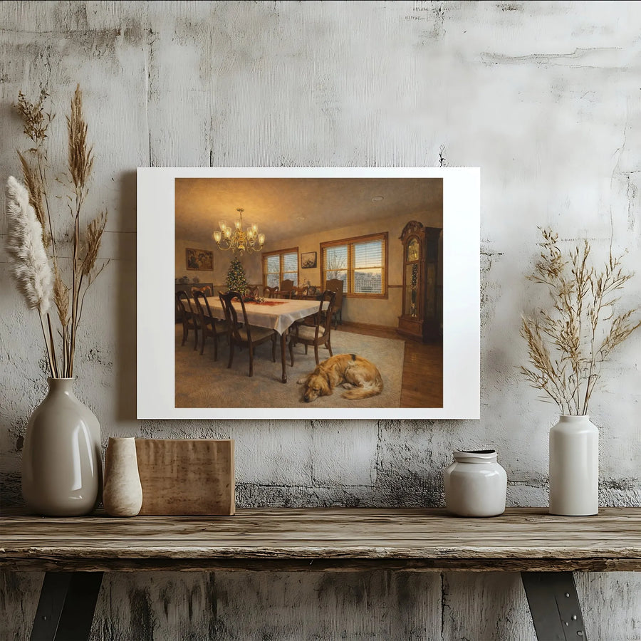 Golden Retriever Christmas Canvas Art | Cozy Holiday Dining Room Scene | Premium Gallery Wrap Print | Festive Home Decor Gift for Dog Lovers