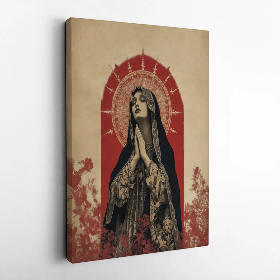 Virgin Mary Wall Art | Praying Madonna With Red Floral Halo | Premium Gallery Wrapped Canvas | Religious Home Decor Gift For Believers