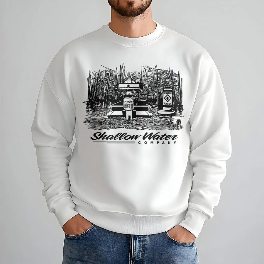 Shallow Water Sweatshirt | Swamp Boat Fishing Graphic | Premium Cotton Blend Crewneck | Outdoor Southern Country Apparel Gift