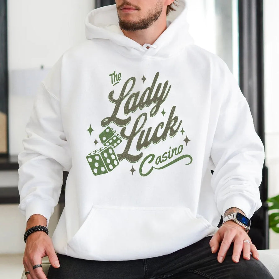 Good Luck Hoodie | Vintage Lady Luck Casino Graphic | Premium Unisex Pullover | Gift for Gamblers, Vegas Trip Apparel