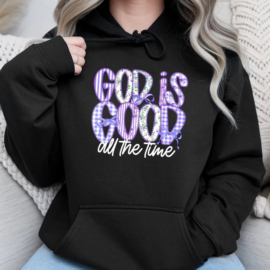 God Is Good Christian Hoodie | Preppy Gingham Floral Design | Premium Cotton-Blend Pullover | Inspirational Faith Based Gift for Women