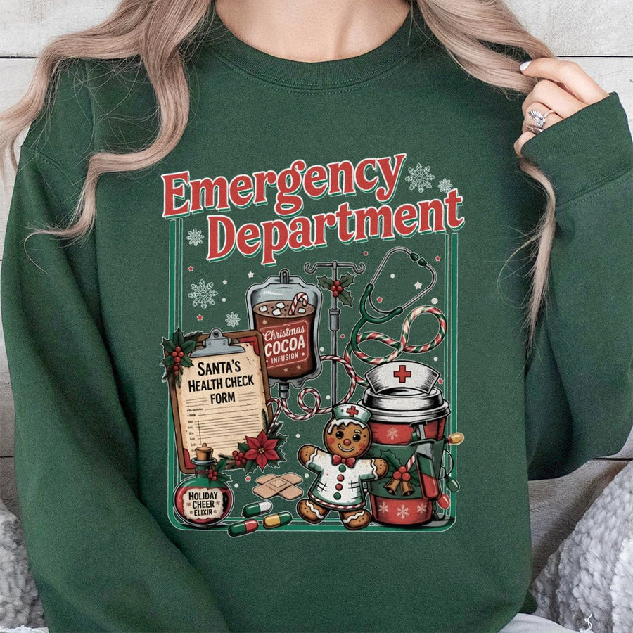 Emergency Department Christmas Sweatshirt | Funny ER Nurse Gingerbread Design | Premium Cotton-Poly Blend | Holiday Gift For Nurses and Doctors
